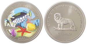 Congo, Copper-Nickel 5 Francs, 26.5g, Multi colour fish scene, date below reverse, 2000 (K