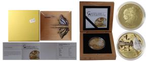Cook Islands, Silver 5 Dollars, 25g, 2015, Blue Nawab butterfly in front of caterpillars L