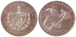 Cuba, Silver 50 Pesos, 5 ounce, 155.50g, 1992, obv. Chief Guama, rev. Cuban coat of arms. 