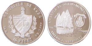 Cuba, Silver 10 Pesos, 20g, 1996, obv. Discovery of America, rev. Cuban coat of arms. Unci