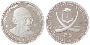 Equatorial Guinea, Silver 75 Pesetas, 15.04g, 1970, Mahatma Gandhi. Proof.