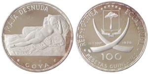 Equatorial Guinea, Silver 100 Pesetas, 20g, 1970, obv. crossed Tusks divide arms above and