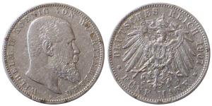 German States-Württemberg, Wilhelm II, Silver 5 Mark, 27.51g, 1907, obv. Portrait bust of 