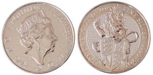 Great Britain, Queen Elizabeth II, Silver 5 Pounds, 62.42g, 2oz, 2016, rev. Queen's Beast 
