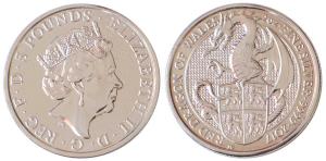 Great Britain, Queen Elizabeth II, Silver 5 Pounds, 62.42g, 2oz, 2017, rev. Welsh dragon s