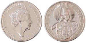 Great Britain, Queen Elizabeth II, Silver 5 Pounds, 62.42g, 2oz, 2017, rev. Queen's Beast 