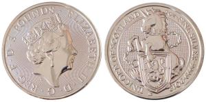 Great Britain, Queen Elizabeth II, Silver 5 Pounds, 62.42g, 2oz, 2018, rev. Queen's Beasts