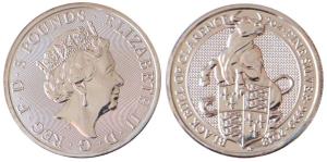 Great Britain, Queen Elizabeth II, Silver 5 Pounds, 62.42g, 2oz, 2018, rev. Queen's Beast 