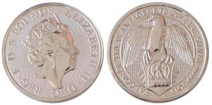 Great Britain, Queen Elizabeth II, Silver 5 Pounds, 62.42g, 2oz, 2019, rev. Queen's Beast 