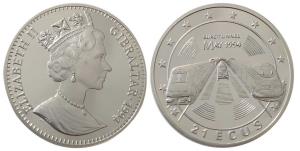 Gibraltar, Token, Elizabeth II, Silver 21ECUS, 19.2g, End of Construction of the Euro-Tunn