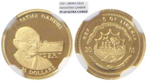 Republic of Liberia, Gold 25 Dollar, 2001, Mahatma Gandhi. Graded by NGS PF69 Ultra Cameo.