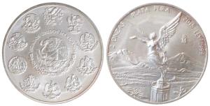 Mexico, 2 Onza, Silver Coins, 61.86g, 2015, obv. National arms, eagle left within centre o