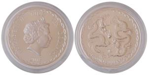 Niue, Queen Elizabeth II, Silver Ten Dollars, 155.5g, 5oz, 2018, rev. Two dragons with orb