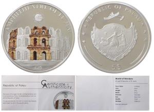 Palau, Silver 5 Dollar, 25g, 2011,obv.World of wonders Amphitheatre of El Jem, rev. Palau 