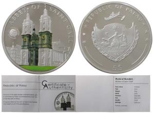 Palau, Silver 5 Dollar, 25g, 2011,obv.World of wonders Abbey of Saint Gail, rev. Palau Coa