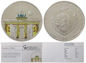 Palau, Silver 5 Dollar, 20g, 2012,obv.World of wonders BRANDENBURG GATE, rev. Palau Coat o