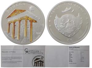 Palau, Silver 5 Dollar, 20g, 2015,obv.World of wonders Dougga, rev. Palau Coat of Arms. Pr