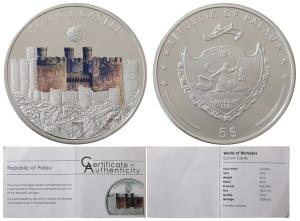 Palau, Silver 5 Dollar, 20g, 2016,obv.World of wonders Conwy Castle, rev. Palau Coat of Ar