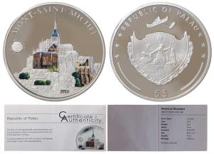 Palau, Silver 5 Dollar, 20.0g, 2016,obv.World of wonders MONT-SAINT-MICHEL, rev. Palau Coa