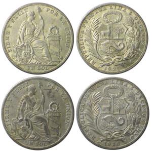Peru, Silver 1 Sol, 25g, .5 Fine, 1925 & 1926 (KM 218).Very Fine+ and About Extremely Fine