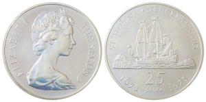 Saint Helena, Elizabeth II, Silver 25 Pence, 28.28G, 1973, 300th Anniversary of St. Helena