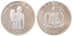 Samoa, Silver 10 Dollars, 31.47g, Diana Princess of Wales, 1998, Proof.