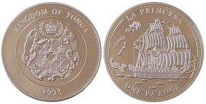 Tonga, Silver 1 Pa'anga, 31.47g, 1993, La Princesa, obv. Tonga coat of arms, rev. Sailing 