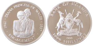 Uganda, Silver 1,000 Shillings, 31.47g, 1999, Engagement of Prince Diana and Prince Charle