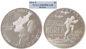 United States of America, Silver Dollar, 1991-P, 38 Anniversary, Commemorative, Korea. Gra