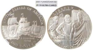 United States of America, Silver Dollar, 2007-P, Jamestown.Graded by NGC PF70.