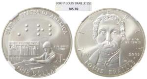 United States of America, Silver Dollar, 2009-P, Louis Braille.Graded by NGS MS70.