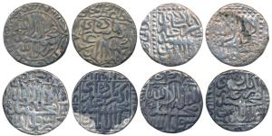 Akbar, Silver Rupee (4), Hazarat Delhi, AH 96X; Agra AH 979 & 982; one off flan. Fine+ to 