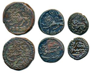 Krishna Raja Wodeyar, Copper 10 and 20 Cash, 1838 & 1844; Dewan Purniya, Copper 6 ¼ Cash. 