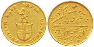 Gold Rupees 5 or 1/3 Mohur, 3.87g, obv. company arms with a lion holding a crown, rev. Per