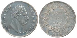 William IV, Silver Rupee, 1835, Calcutta Mint, F incuse, No dot after F, A / III, Bud Leav
