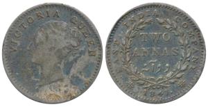 Victoria Queen, Silver 2 Annas, 1841, continuous legend, Bombay Mint, English Head, No ini