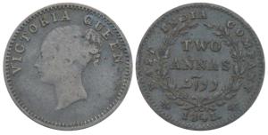 Victoria Queen, Silver 2 Annas, 1841, continuous legend, Bombay Mint, English Head, No ini