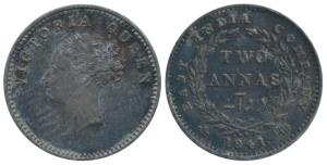 Victoria Queen, Silver 2 Annas, 1841, continuous legend, Bombay Mint, English Head, No ini
