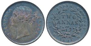 Victoria Queen, Silver 2 Annas, 1841, divided legend, Calcutta Mint, WW raised, 9 Berries 