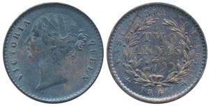 Victoria Queen, Silver 2 Annas, 1841, divided legend, Calcutta Mint, WW raised, 9 Berries 