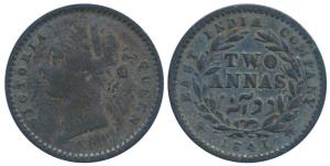 Victoria Queen, Silver 2 Annas, 1841, divided legend, Madras Mint, S incuse WW raised, 9 B