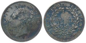 Victoria Queen, Silver ¼ Rupee, 1840, continuous legend, Calcutta Mint, English Head, 20 B