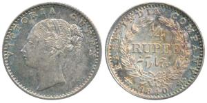Victoria Queen, Silver ¼ Rupee, 1840, continuous legend, Calcutta Mint, Indian head, incus
