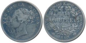Victoria Queen, Silver ½ Rupee, 1840, continuous legend, Calcutta Mint, Indian Head, 19 Be
