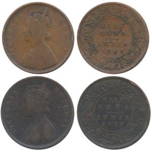 Victoria Queen & Empress, Copper ½ Anna (2), 1862, 1877. Fine and About Very Fine. (2)