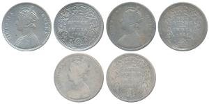 Victoria Queen, Silver Rupee, 1862, 3 different types of A II without dot, without pineapp