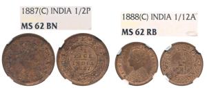 Victoria Empress, Copper 1/12 Anna, 1888, Calcutta Mint, (Prid 793); Copper ½ Pice, 1887, 