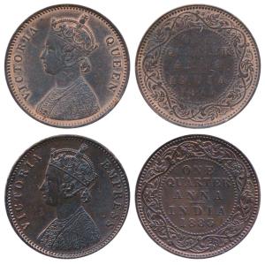 Victoria Empress, Copper ¼ Anna (2), 1875 & 1883, Bombay Mint (Prid 635 & 639). About Very