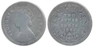 Victoria Empress, Silver 2 Annas, 1883, Bombay Mint, B / II / dot, (Prid 530). About Fine,