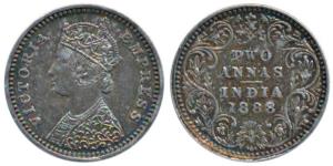 Victoria Empress, Silver 2 Annas, 1888, Bombay Mint, B / II / B incuse, (Prid 541). Extrem